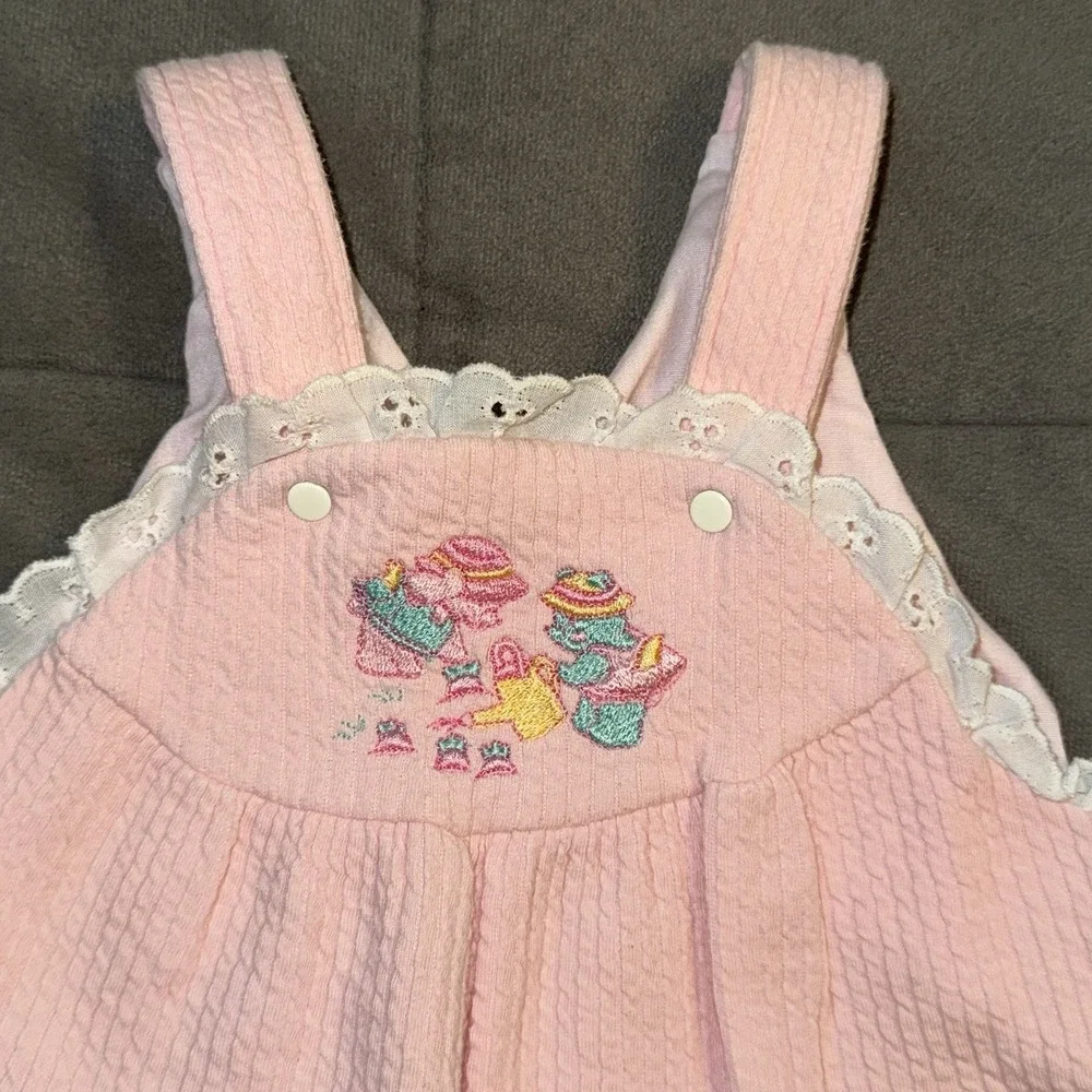 Vintage Carter's Baby Girl Pink Bib Overalls 6M Embroidered Teddy Bears Lace